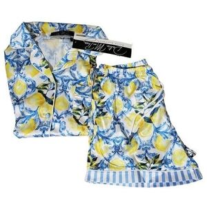 Dalia Macphee Satin Lemon Pajama Set Collared Short Sleeve Top/Shorts Medium 🍋